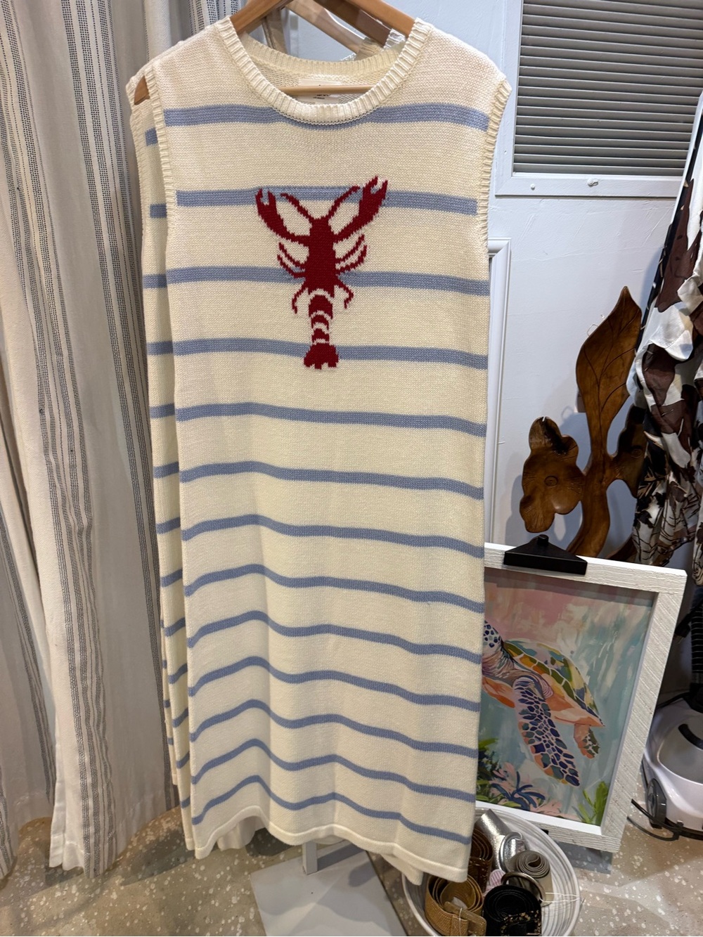 Able Cream and Light Blue Knit Dress with Red Accent
